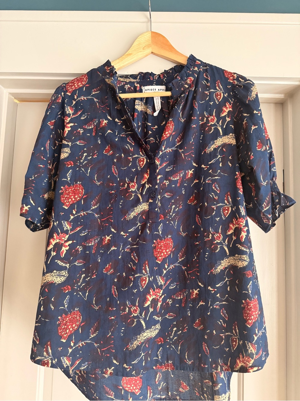 Apiece Apart Indigo Jardin Floral Blouse with Red and Cream Accents